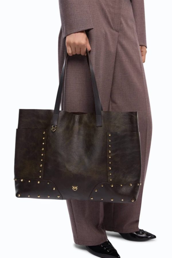 Tote Bag Studs Patch Dark Brown